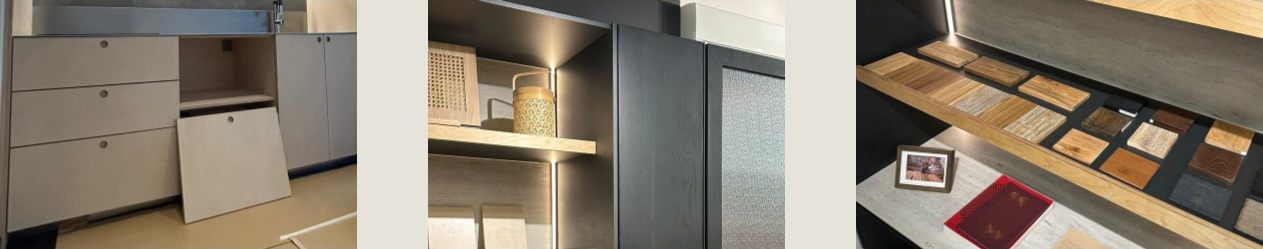 Custom drawer fronts, a smoked-glass cabinet door with integrated lighting, and a tray of veneer finish samples