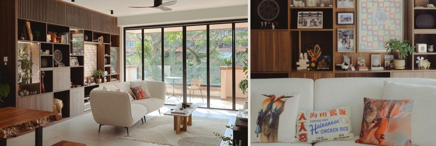 Full-height walnut display wall in a condominium living room
